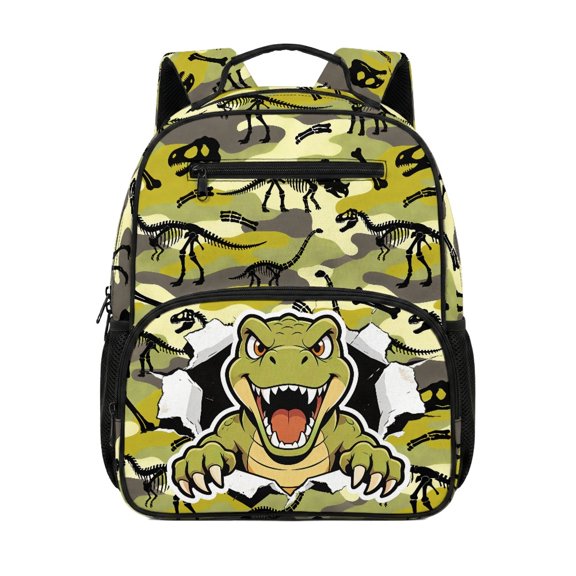 Chririnla Lightweight Toddler Backpack for Travel Use School, Polyester Large Capacity Toddler Preschool Polyester Backpack, Camouflage with Dinosaur Skeleton Print
