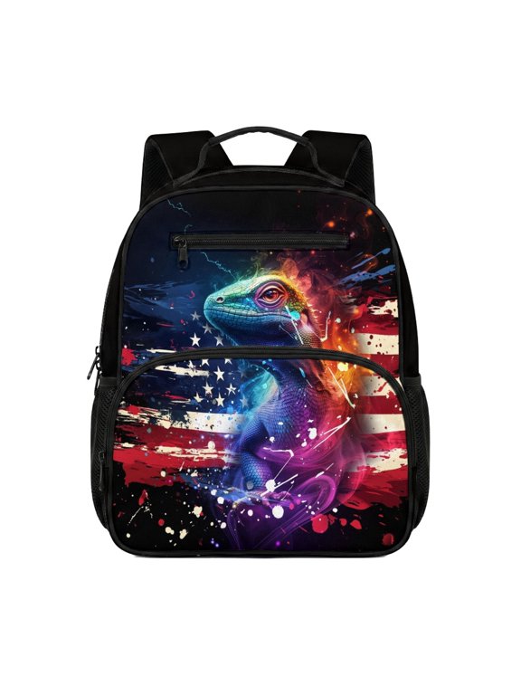 Lizard USA Flag Print Lightweight Preschool Backpack for Kindergarten Hiking, Easy Clean Preschool Kids Polyester School Bag