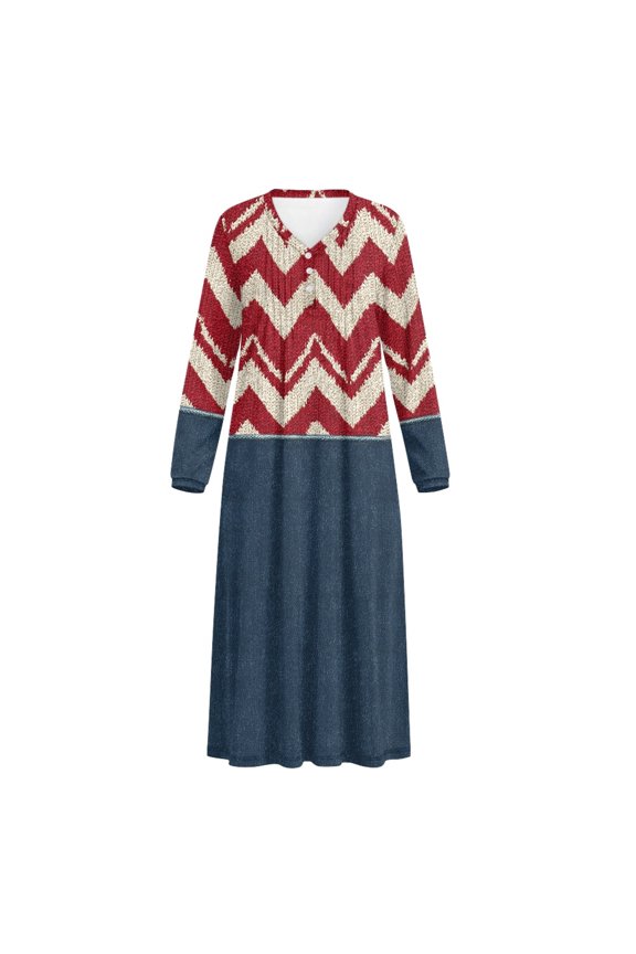 Long Sleeve Sleepwear, Chevron Stripe Print Full Length Loose Nightshirt for Bedroom Fall Home