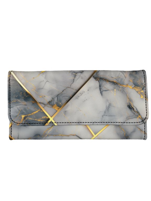 Long Wallet Gold Marble Grid Large Capacity Trifold Wallet for Travel Use, PU Leather with Pocket Women's Trifold Wallet