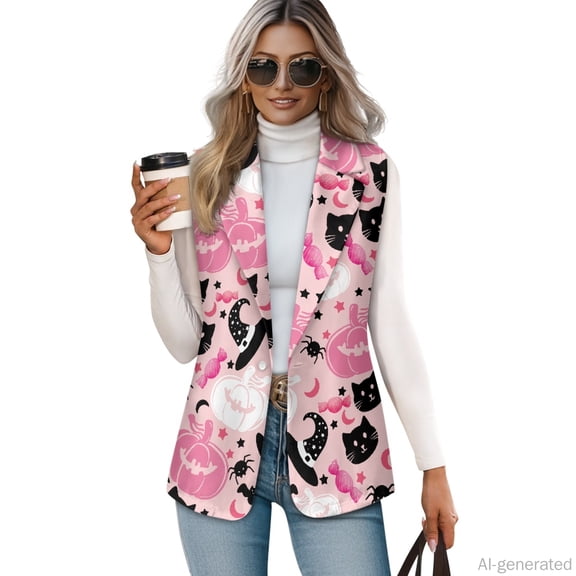 Chririnla Loose Fit Business Waistcoat for Spring Summer Work, One Button Open Front Women's Sleeveless Waistcoat, Pink Themed Halloween