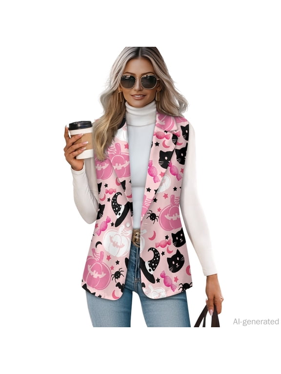 Loose Fit Business Waistcoat for Spring Summer Work, One Button Open Front Women's Sleeveless Waistcoat, Pink Themed Halloween