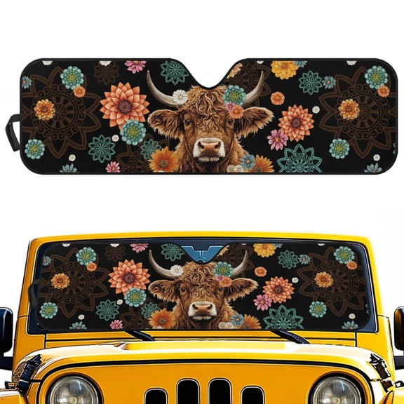 Chririnla Mandala Highland Cow Classic Windshield Sun Shade Foldable Car Front Window Sunshade - Best Heat Shield Reflector Cover - Blocks Max UV Rays & Keeps Your Vehicle Cool