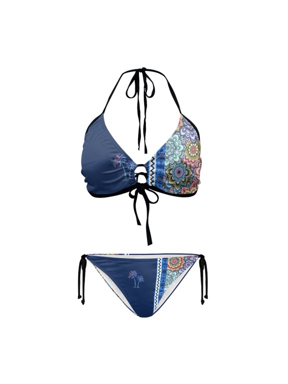 Mandala Palm Tree Halter Bikini Set - Two Piece Triangle Swimsuit with Tie Side Bottoms for Beach Vacation & Pool Party
