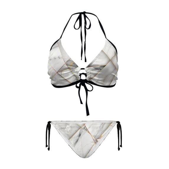 Chririnla Marble & Gold Geometric Halter Triangle Bikini Set - Sexy Tie Side Two-Piece Swimsuit for Beach Vacations & Pool Parties
