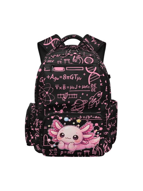 Math Axolotl Black Pink Backpack for Girls School Bag 17 Inch Bookbag with Multi Pocket Elementary Middle School Backpacks with Multi Pockets Travel Bag