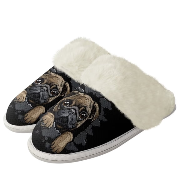 Chririnla Melancholy Pug Cotton House Slippers for Women Warm Plush Bedroom Shoes with Fur Edges, Casual Non-Slip Fuzzy Slippers