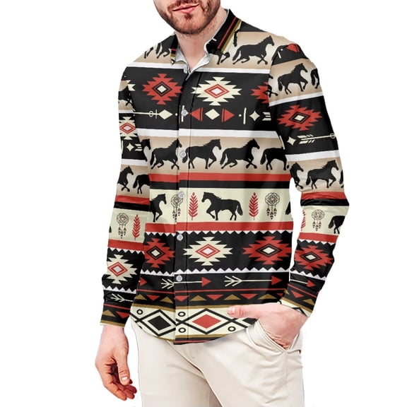 Chririnla Men's Native American Horse Aztec Dress Shirt Casual Athletic T-Shirt Down Dry-Fit Long Sleeve Collar Dress Shirts for Man Tee Tops with Button