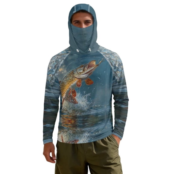 Chririnla Men's UPF 50+ Sun Hoodie with Pocket Long Sleeve Rash Guard Lightweight for Fishing Beach Ocean Fish Print Breathable Soft XL