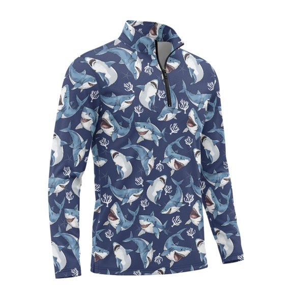 Chririnla Mens Long Sleeve Pullover Quarter Zip Golf Blue Shark Print