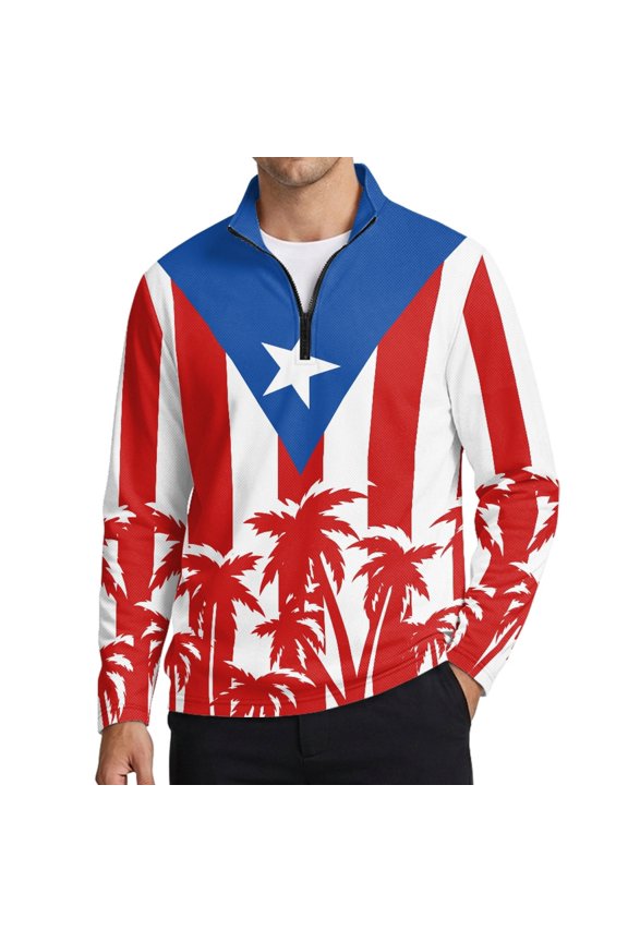 Mens Quarter Zip Pullover Puerto Rico Print Long Sleeve Shirt