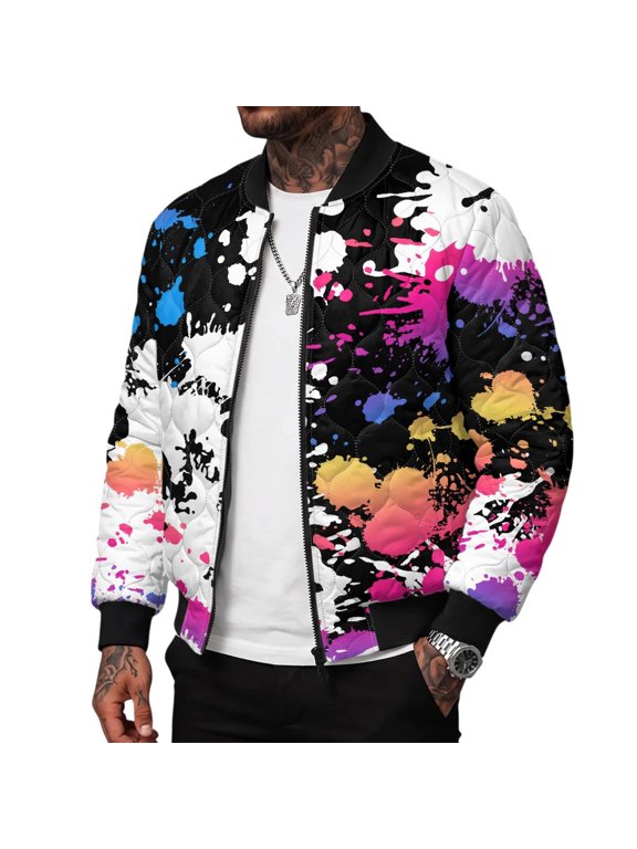 Mens Quilted Jacket Zip Up Winter Paint Splattered Pattern S Mens Padded Bomber Jacket, Full Zip, 2 Pockets, Stand Collar, Ribbed Cuffs, For Winter, Travel