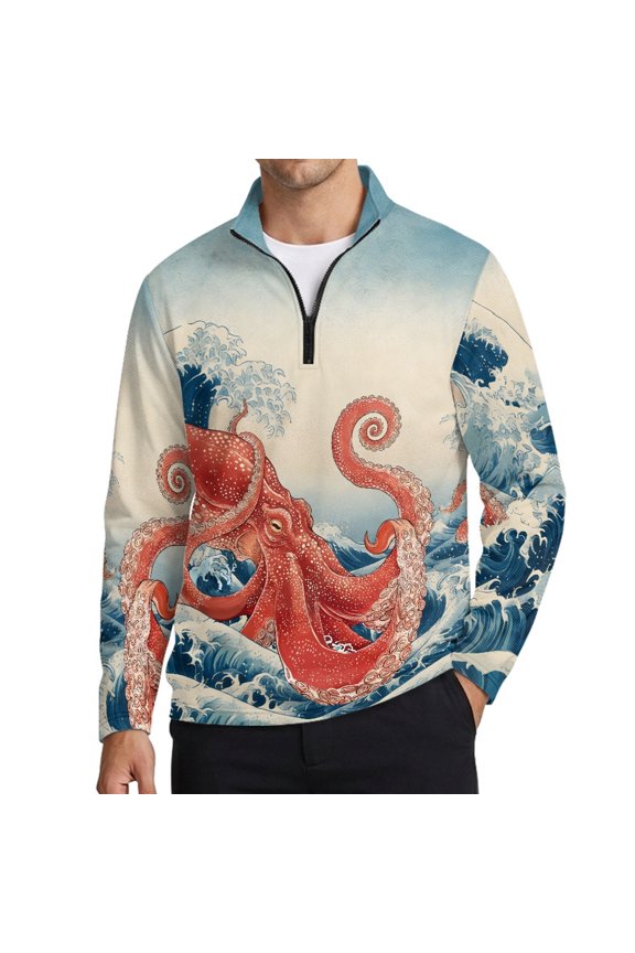 Mens Retro Octopus Wave Polo Shirts Long Sleeve Zip Pullover