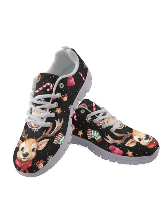 Mesh Sports Trainers for Gym, Casual Breathable Running Sneakers for Women, Reindeer & Holiday Elements Print