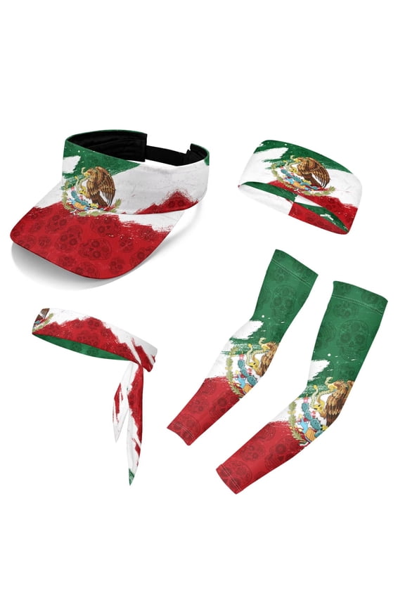 Mexico Flag Eagle Print Sun Visors Hats Sports Golf Visor for Women Men Patriotic Cap+Headbands+Arm Sleeves Sun Protection&Moisture Wicking
