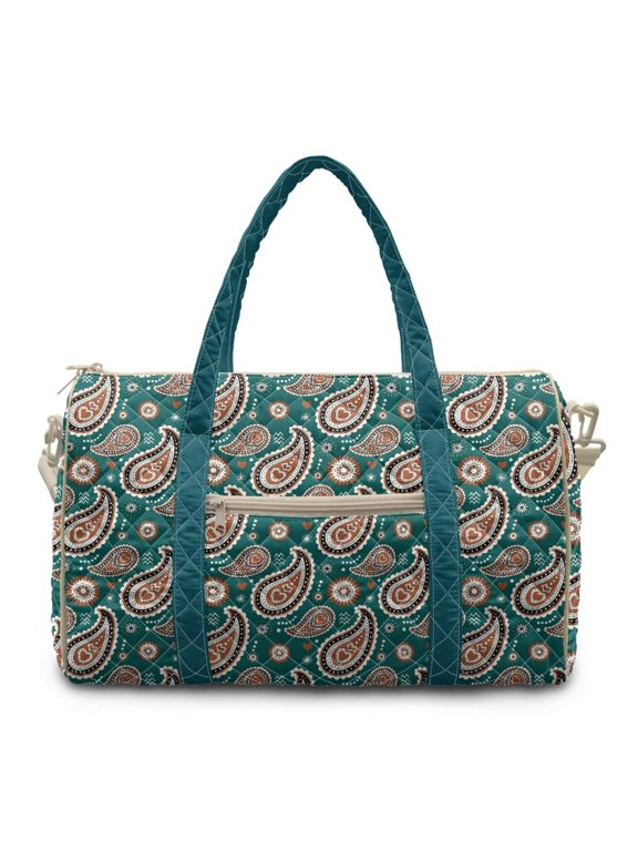 Modern Gym Bag Soft Duffle for Women Easily Portable Fitness Luggage with Quilting Design & Multi-Pockets Fits Exercise, Green Paisley Pattern
