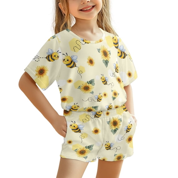 Chririnla Modern Short Sleeve Top and Shorts Sets 3-16 Years Breathable Soft Kids Outfit, Bee and Sunflower Pattern