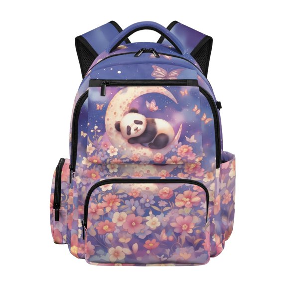 Chririnla Moon Panda Floral Pattern Lightweight Soft Daypack with Padded Shoulder Straps Ultra-Soft Book Bag, Front Pocket 17 Inch Bookbag for School Elementary School