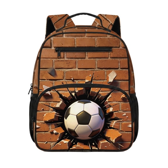 Chririnla Multi-Pockets Preschool Backpack for Outdoor Daily, Polyester Portable Toddler Preschool Polyester Backpack, Soccer Breaking Brick Wall