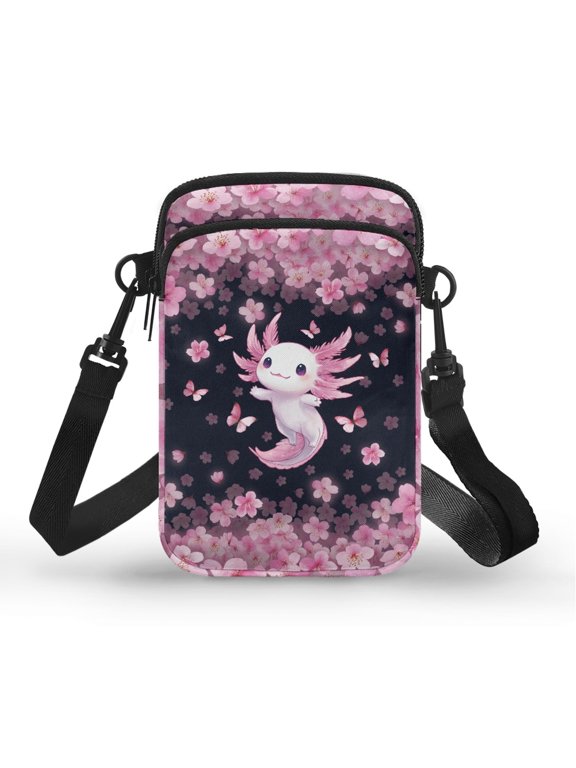 Multi-Purpose Messenger Phone Purse for Shop Travel, Polyester Adjustable Strap Crossbody Bag, Cherry Blossoms Axolotl