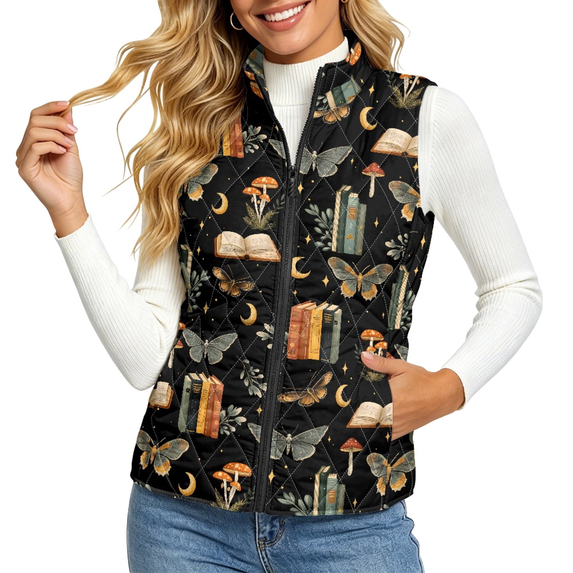 Chririnla Mushroom Magic Night Women's Quilted Vest Lightweight with ...