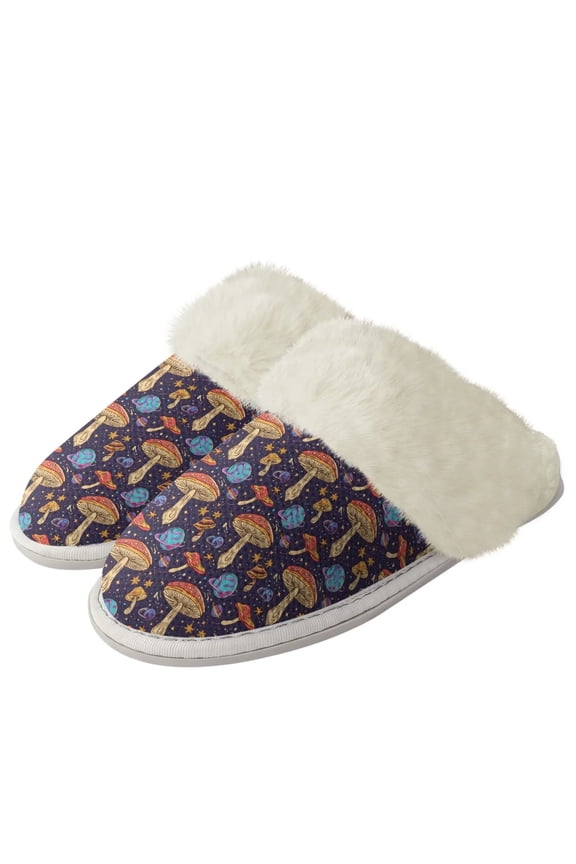 Mushroom Planet Print Plush House Slippers for Women Non-Slip Fuzzy House Slippers Warm Home Shoes Winter Home Slippers with Anti-Skid Sole