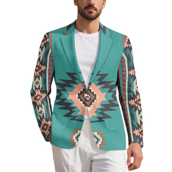 Chririnla Native Indian Geometric Print Men's Sport Coats Blazers Business Formal Suit Jacket One Button Hippie Blazer Suit for Wedding,Dinner,Prom,Party