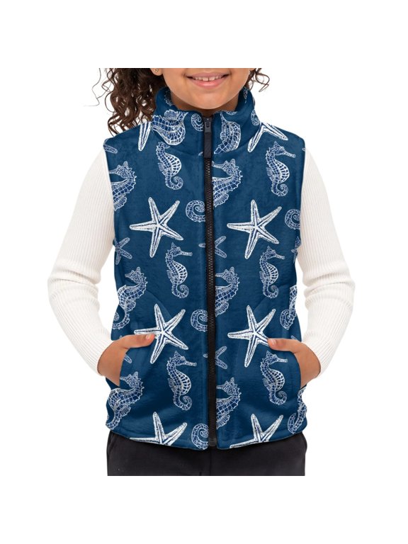 Nautical Seahorse & Starfish Print Kids Polar Fleece Vest Jacket, Polyester Children's blanket warm vest with with Pockets Full Zip Kids Fleece Vest for Fall Winter