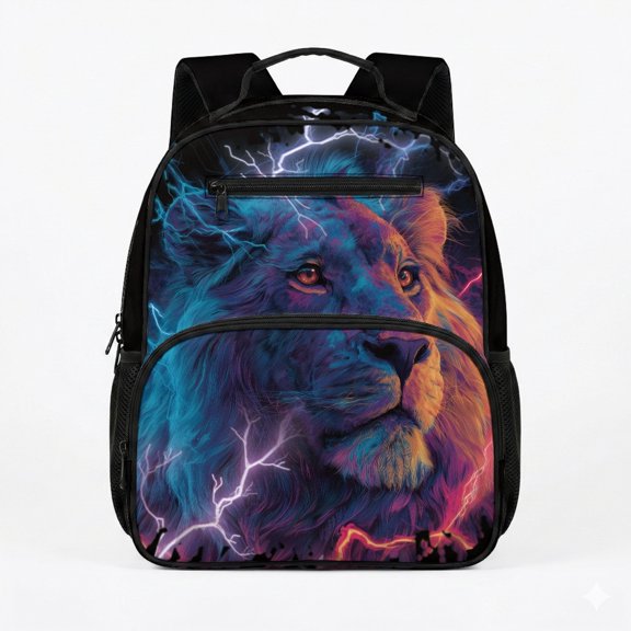 Chririnla Neon Lion Lightning Print Kid Backpack 13.5 Inch Portable Polyester Preschool Kids Polyester School Bag for Outdoor Kindergarten