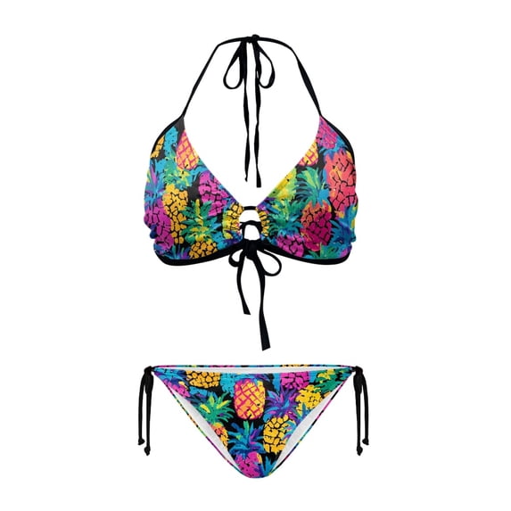 Chririnla Neon Pineapple Print Halter Neck Two Piece Bikini - Sexy Tie Side Triangle Swimsuit for Beach Vacation & Pool Party, Quick Dry & Figure Hugging