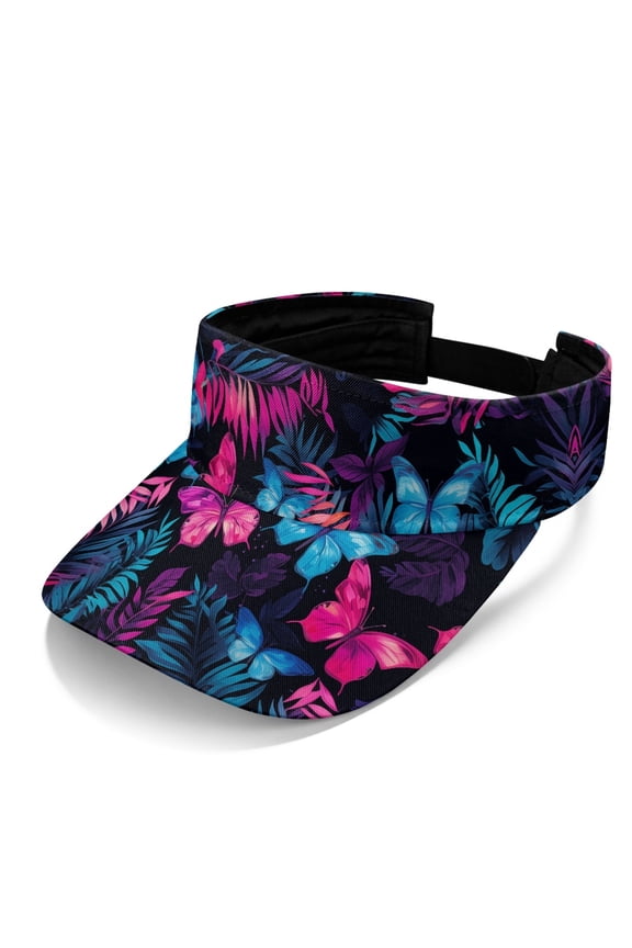 Neon Tropical Butterfly Print Adjustable Strap Sun Visor, Polyester Fabric Comfortable Sun Visor Cap Lightweight Visor Hat for Unisex