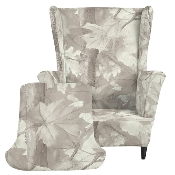 Chririnla Neutral Leaf Pattern 2-Piece Wing Back Chair Slipcover, Non-slip Soft Wingback Chair Cover Spandex Single-Seat Wingback Armchair Covers for Indoor Living Room