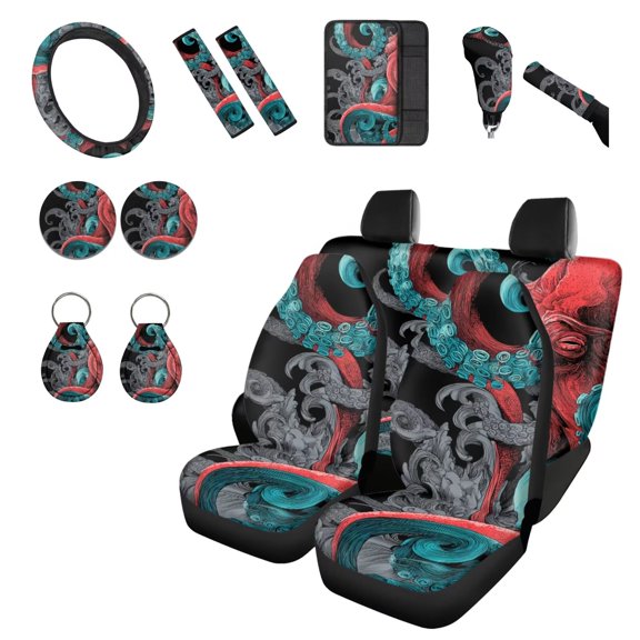 Chririnla Octopus Tentacles Floral Car Accessories 14 Pack Set Anti-Slip Automotive Front Rear Seats Covers Sets with Steering Wheel Cover, Gear Shift Pad, Coasters Car Interior Decorations