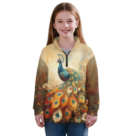 Chririnla Oil Painting Peacock Oversize Tunic Tops for Girls Plus Size Kids Blouse Shirt Half Zip Sweatshirt Pullover Sweatshirts Loose Comfy Casual Size 11-12