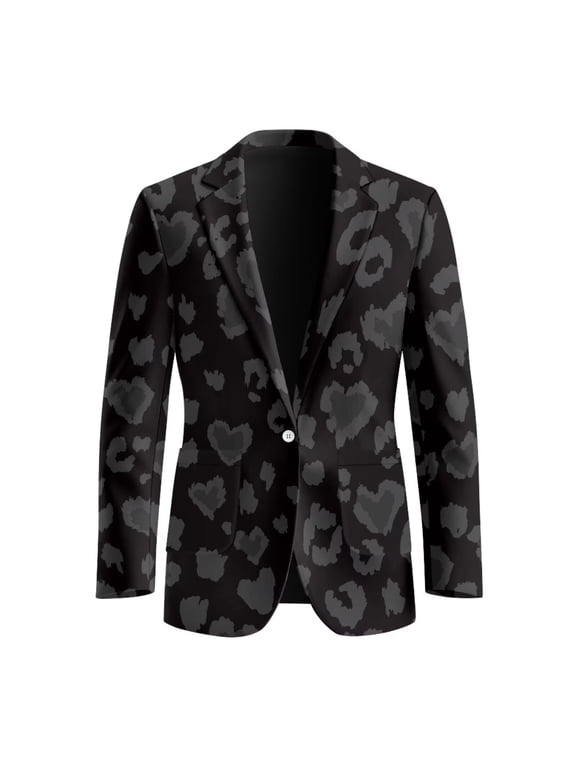 One Button Blazers for Men Grey Love Leopard Print Regular Fit Wedding Open Front Jackets with 2 Side Pockets Long Sleeve Daily Sport Coat,S