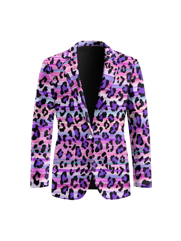 One Button Busniess Jacket for Men Casual Sport Tuxedo Jackets Breathable Sport Coat with 2 Side Pockets Purple Leopard Stripes Print,S