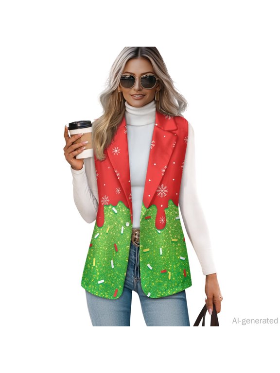 One Button Sleeveless Blazer Jacket for Summer Commute, Woven Open Front Outerwear Women's Sleeveless Blazer Vest, Christmas Snowflake