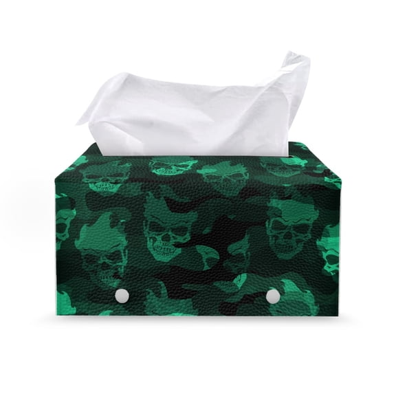 Chririnla PU Leather Tissue Box Cover, Green Skull Camouflage Rectangle Tissue Box Cover Home Decor with Buttons Decorative Organizer for Bathroom Bathroom Vanity