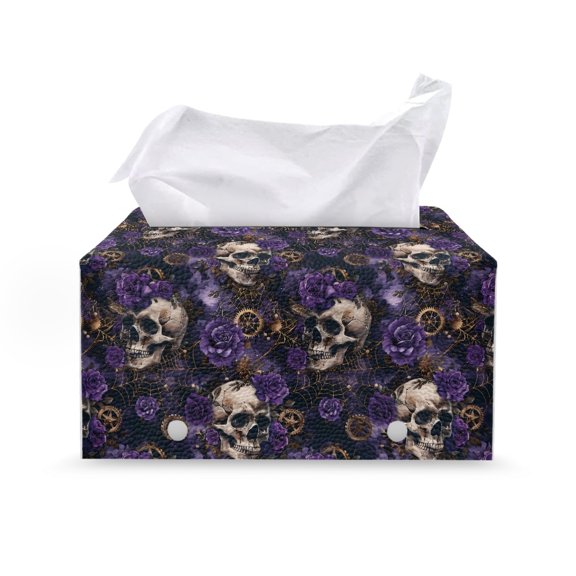 Chririnla PU Leather Tissue Box Cover, Waterproof with Buttons Rectangle Tissue Box Cover for Car Bathroom Vanity Countertop, Skull And Rose Pattern
