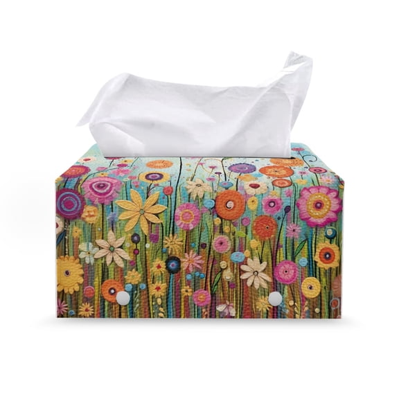 Chririnla PU Leather Tissue Box Holder Case, Multifunctional Bottom Belt Facial Organizer for Home Office, Floral Print