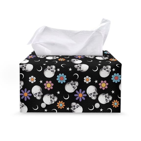 Chririnla PU Leather Tissue Case Box, Waterproof Lightweight Rectangular Car Tissue Holder for Office Kitchen, Skull Floral Pattern