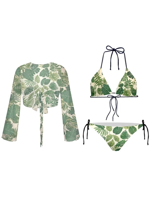 Palm Leaves Swimsuits Set for Women 3 Piece Triangle String Bikini Suit Casual Cardigan Swimsuit Cover-up for Summer Vacation