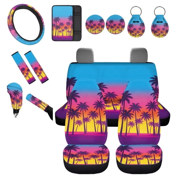 Chririnla Palm Tree Car Accessories Full Set Tropical Breathable Car Front Back Seats Covers Sets 14 Pieces with Shoulder Pads, Gear Shift Cover, Handbrake Pad, Automotive Interior Accessories