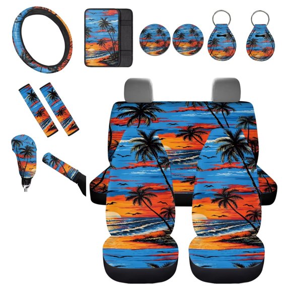 Chririnla Palm Tree Car Seat Cover Full Set of 14 Tropical Breathable Car Seats Front Back Covers Sets with Steering Wheel Covers Gear Shift Pad Automobile Interior Accessories