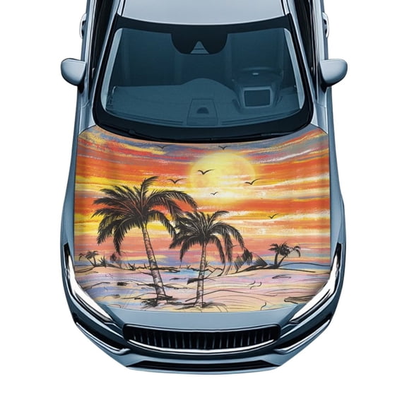 Chririnla Palm Tree Sunset Car Hood Cover Removable Hood Protector Elastic Fabric Auto Bonnet Banner Weatherproof Cars Accessories for Men Women for All Weather Protection