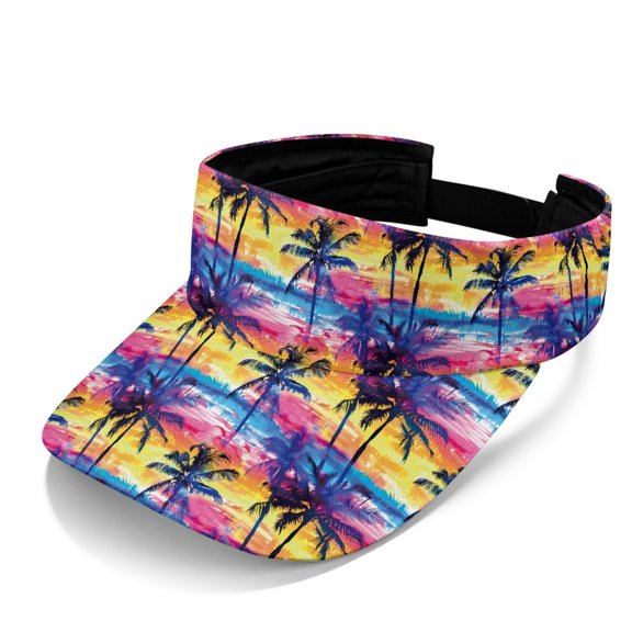 Chririnla Palm Tree Sunset Print Adjustable Sun Visor Hats, Polyester Fabric UV Protection Sports Visor Breathable Empty Top Sun Visor for Women