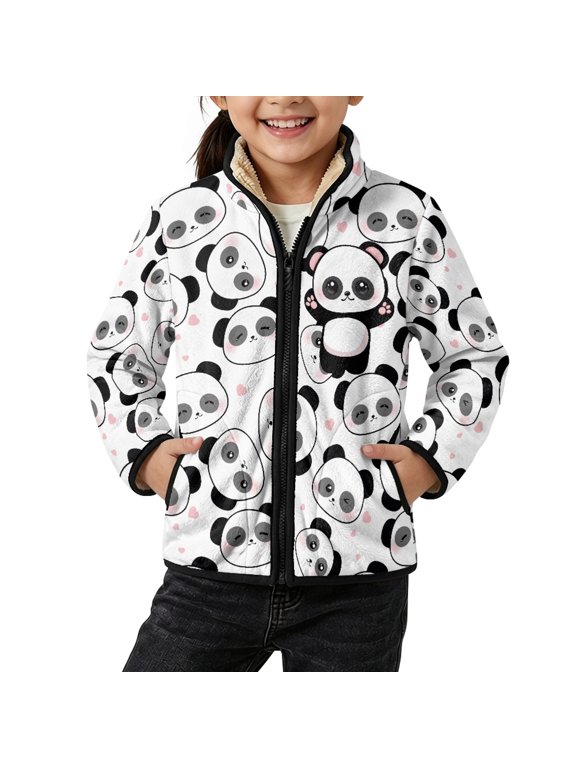 Panda Face Print Toddler Boys Girls Fleece Jacket, Sherpa Coat Winter Outerwear with Cozy, Polyester Fleece Jackets for Football School