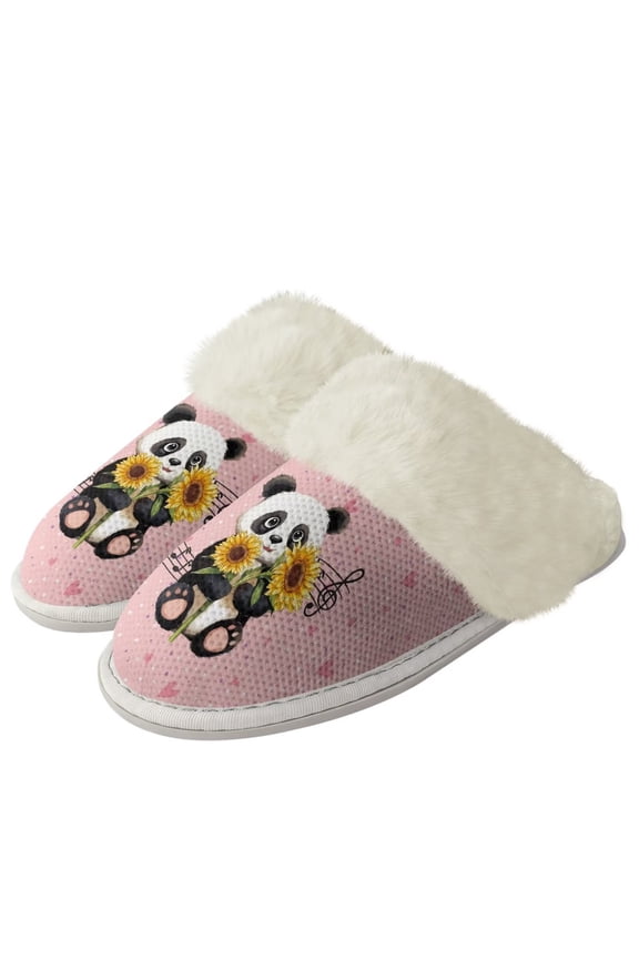 Panda Sunflower Cotton Slippers with Fur Edges House Slippers for Women Winter Home Shoes with Fur Edges Fit Winter Home