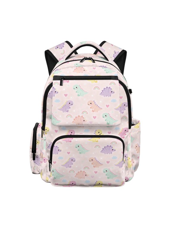 Pastel Cute Dinosaur Pattern Multi Pocket School Bookbag with Breathable Large Capacity School Backpack, Multi-Pocket 17 Inch School Bag for Back to School Travel