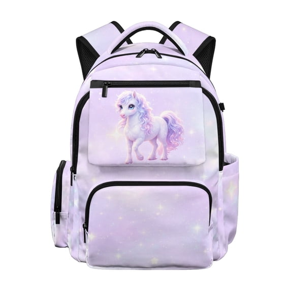 Chririnla Pastel Glitter Horse Water Repellent Lightweight Bookbag with Multi-Pockets Multi Pockets School Bag, Adjustable Strap 17 Inch Kids Backpack for Travel Preschool